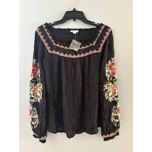Sundance Artists Vision Tunic Size S Black Floral Embroidered Crinkle Boho NWOT